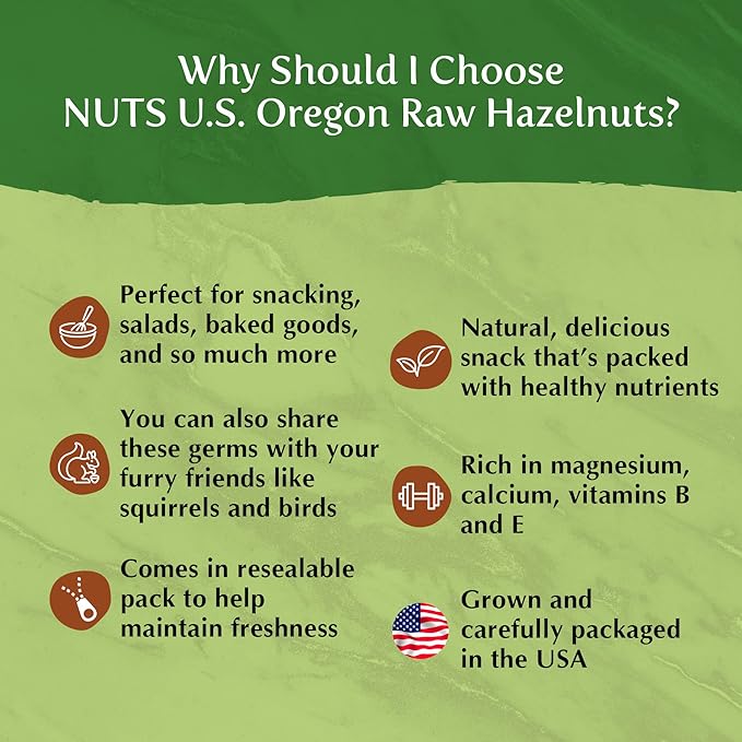 NUTS U.S. - Oregon Hazelnuts (Filberts) | Raw and Unsalted | Steam Pasteurized and NON-GMO | No Shell - Just Kernels | JUMBO SIZE | Packed in Resealable Bags!!! (1 LB)