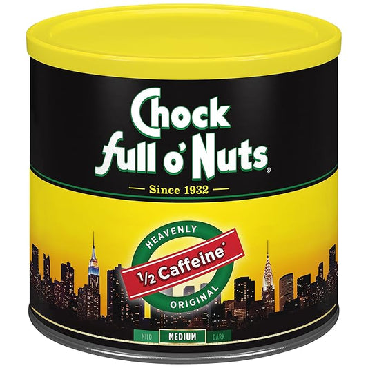 Chock full o??„uts Heavenly Original Half Caffeine Ground Coffee ??Premium Beans in Recyclable Steel Can ??Rich Flavor & Aroma, Medium Roast ??Perfect for Drip, Pour-Over, Percolator ??24 Oz Can