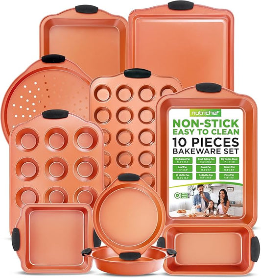 NutriChef 10-Piece Nonstick Baking Pan Set – Durable Carbon Steel Bakeware with Silicone Handles – Bakeware set Includes Cookie Sheet, Muffin, Cake, Pizza & Roasting Pans – Even Heating, Easy Cleanup