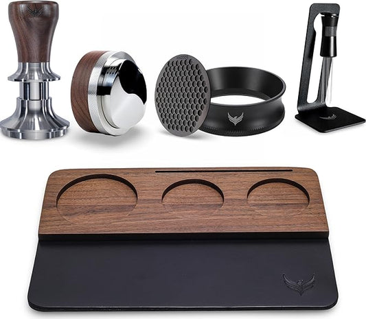 51.5mm Espresso Tamper Kit for La Pavoni Europiccola, Professional, Stradivari & Post-Millennium Models ??Tamper, Distributor, Dosing Funnel, Puck Screen, WDT Tool & Walnut Tamping Mat