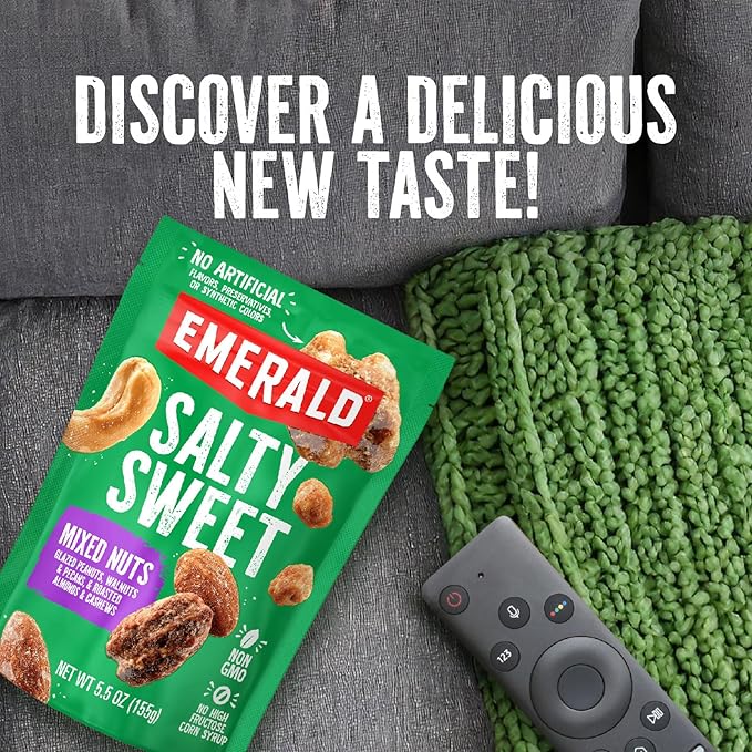 Emerald Nuts Salty Sweet Mixed Nuts (1-Pack), Features Kettle Glazed Peanuts, Almonds, Cashews, Kettle Glazed Walnuts, Kettle Glazed Pecans, 5.5oz Resealable Bag
