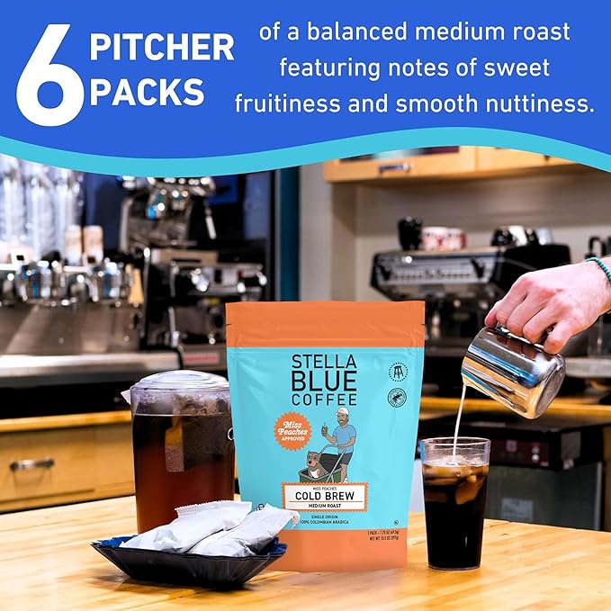 Stella Blue Cold Brew Coffee Packets, Miss Peaches Blend, Medium Roast Ground Coffee, Citrus, Carmel with Sweet Fruity Notes, 100% Arabica, 6 Brew Packets, Makes 24 Bold Cups