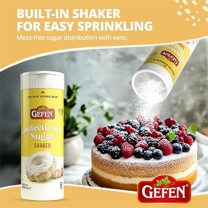 Gefen Confectioners Sugar Shaker, 8.8oz | Powdered Sugar Duster | Corn Free | Gluten Free | Premium Confection Sugar | Kosher