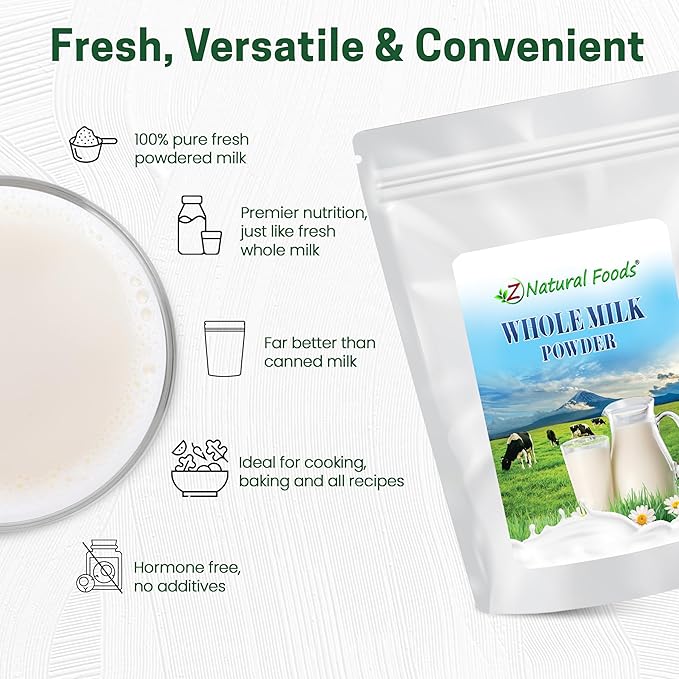 Z Natural Foods Premium Whole Milk Powder - Powdered Milk for Baking, Cooking, Drinks - Dry Milk Powder, Pasteurized, Non-GMO, Gluten-Free, Kosher-Certified, 55 lbs