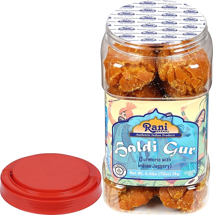Rani Haldi Gur (Turmeric with Indian Jaggery) Indian Unrefined Raw Cane Sugar 70oz (4.4lbs) 2kg PET Jar ~ Gluten Friendly | Vegan | NON-GMO | Kosher | No Salt or fillers | Indian Product