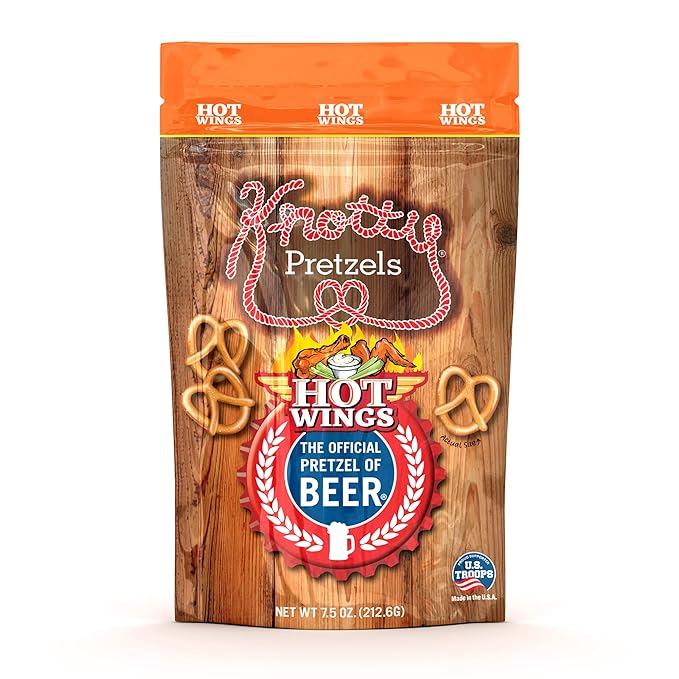 Knotty Pretzels ?쏷he Official Pretzel of Beer??7.5 oz Individual Seasoned Pretzels in Resealable Pretzel Snack Bags, The Perfect Pairing for Beer, Hot Wings Flavor (3-Pack)