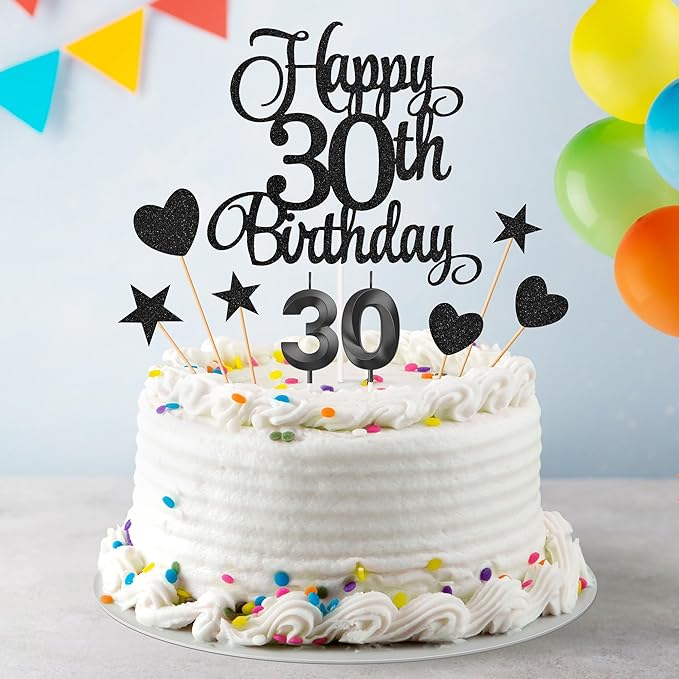 30th Birthday Cake Toppers, 30th Birthday Candles Numeral Candles and Glitter Cake Decorations Toppers Set for Party Supplies (Black)