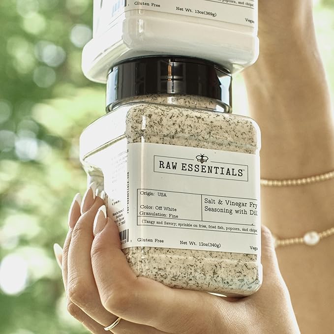 Raw Essentials Salt and Vinegar with Dill Gourmet Fries Seasoning - Tangy Dill Pickle Flavor - Great on Fries, Fried Fish, Popcorn, and Chips - Gluten-Free and Vegan - 12 Ounce Bottle