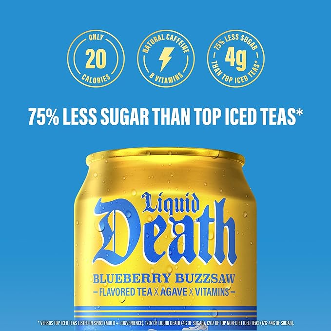Liquid Death, Blueberry Buzzsaw Flavored Iced Tea, 12-Pack (12 oz Cans), Blueberry Flavored Black Tea, Low Calorie, No Artificial Sweeteners, B12 & B6 Vitamins