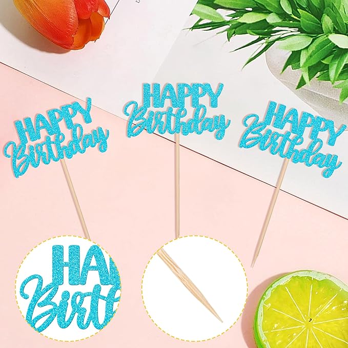 30 PCS Happy Birthday Cupcake Toppers Glitter Happy Birthday Cupcake Picks for Celebrating Birthday Anniversary Theme Party Cake Decorations Supplies Lake Blue