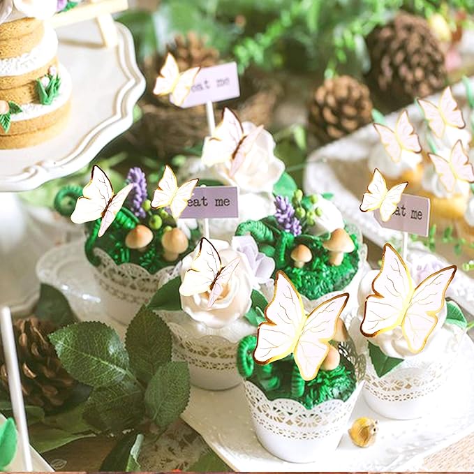 30pcs White Gold Edge Mixed Size Lively 3D Waterproof Butterfly Cupcake Topper for Girls Women's Happy Birthday Wedding Party Cake Wall Party Food Decorations