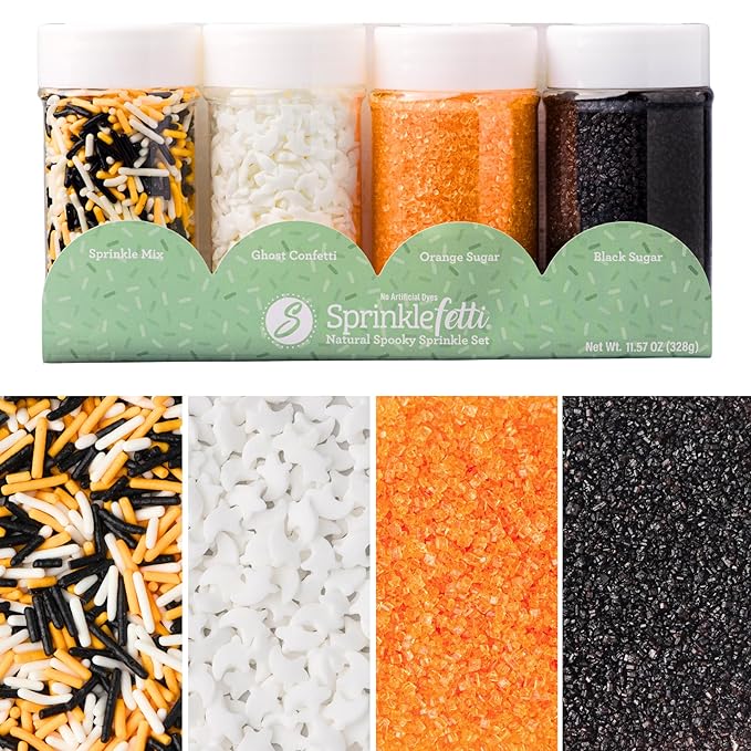 Sweets Indeed Dye-Free Halloween Sprinkles 4-Pack ??11.57 oz Natural Spooky Decorating Set | Sprinkle Mix, Ghost Confetti, Orange Sugar & Black Sugar | Edible Dye-Free Cake & Cupcake Decorations
