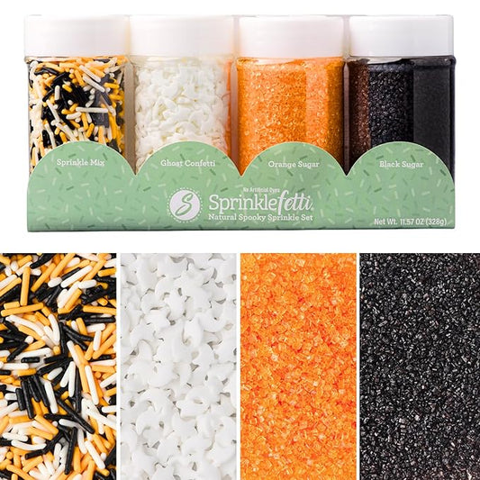 Sweets Indeed Dye-Free Halloween Sprinkles 4-Pack ??11.57 oz Natural Spooky Decorating Set | Sprinkle Mix, Ghost Confetti, Orange Sugar & Black Sugar | Edible Dye-Free Cake & Cupcake Decorations