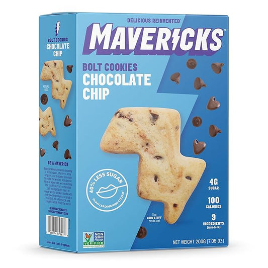 Mavericks Chocolate Chip Bolt Cookies - Plant-Based Chocolate Chip Cookies, Healthy, Plant Based Snack for Kids, Nut Free, 40% Less Sugar - 7 oz Box (1 Pack)