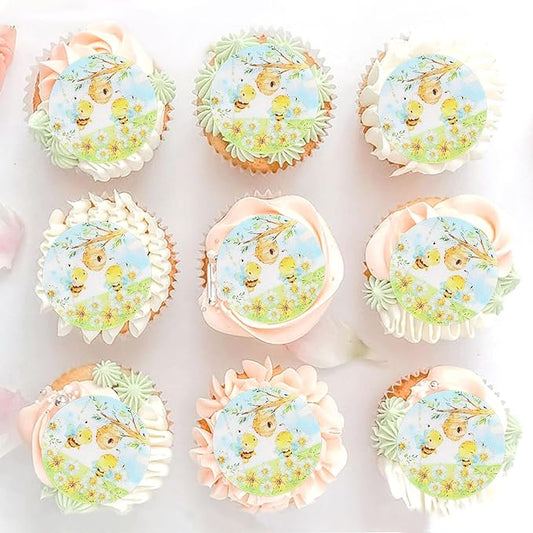 40 PCS Edible Bee Cupcake Toppers Wafer Paper Bee Party Decorations for Kids Girls Birthday Baby Shower Honey Bee Themed Party Supplies
