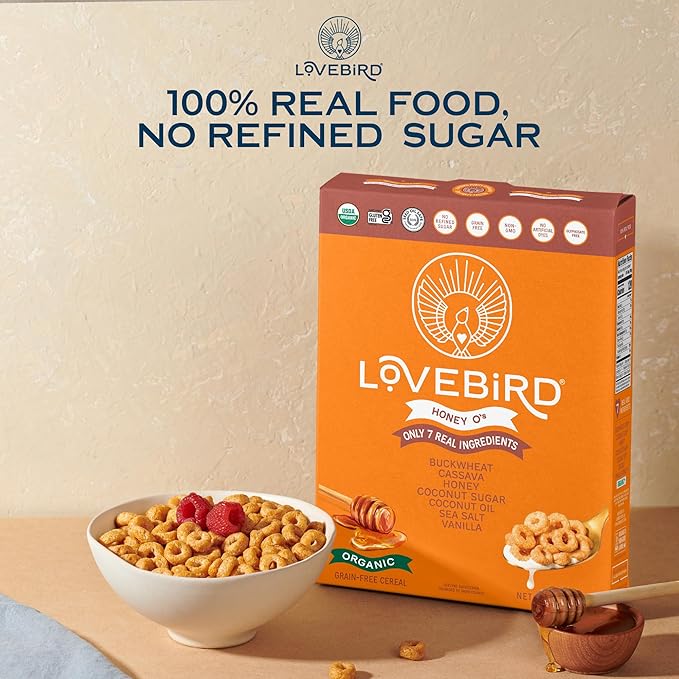 Lovebird Organic Gluten Free Cereal, Honey Flavor ??Prebiotic Fiber, Gut Health, Low Sugar, Grain Free, Breakfast or Snack ??Healthy Cereal Made With Real Food, 3 Pack, Kids & Adults