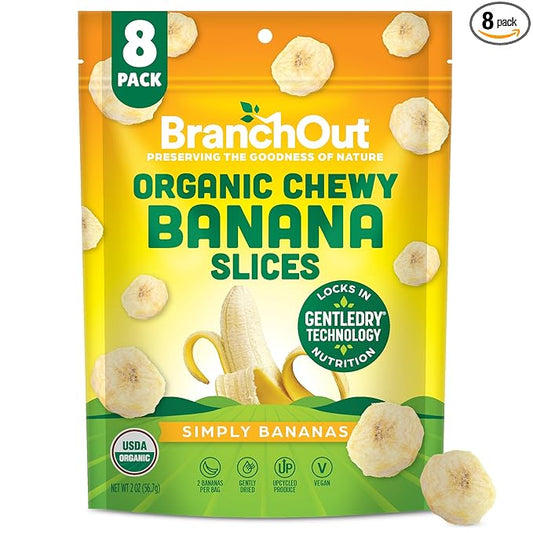 BranchOut Chewy Banana Slices, No Sugar Added, GentleDry Locks in Nutrition, Better than Freeze Dried Banana Chips, Healthy Vegan Fruit Snacks for Kids & Adults, 2 oz Snack Size (Pack of 8)