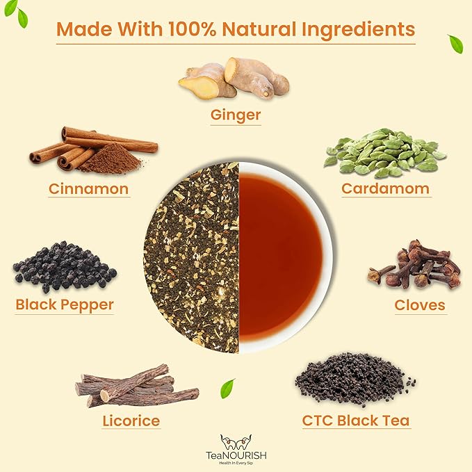 TeaNOURISH Ginger Masala Chai Tea | Assam CTC Loose Black Tea | Blended with Authentic Indian Spices | Indian Ginger Tea | 100% NATURAL INGREDIENTS - 3.53oz/100g