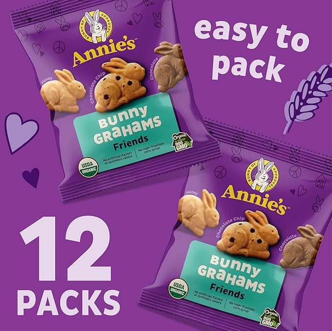 Annie's Organic Friends Bunny Grahams, Chocolate Chip, Chocolate, and Honey Baked Graham Snacks, 12 Pouches, 12 oz