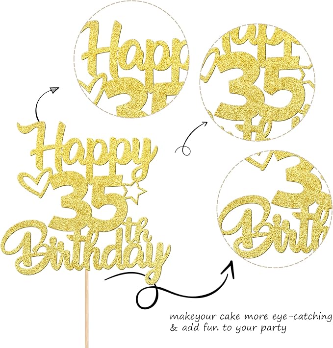 1 Pack Happy 35th Birthday Cake Topper Glitter Heart Star 35 Fabulous Cake Pick Birthday Sign Cake Decorations for Children 35th Birthday Theme Party Supplies Gold