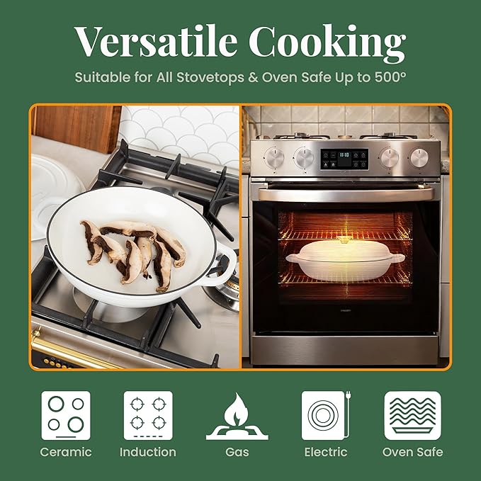 Larder & Vine Enameled Cast Iron Braiser | 3.6 qt Braiser Pan with Lid | Shallow Dutch Oven Compatible on All Cooktops | Casserole Dish Oven Safe to 500ì§?F | Dual Handles | White