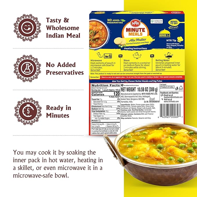 MTR - Minute Meals: Aloo Mutter - Curried Potatoes and Peas - Authentic Indian Ready-to-Eat Meal with No Added Preservatives - A Quick Meal Suitable for Vegetarians, Ready in Minutes! (Pack of 6)