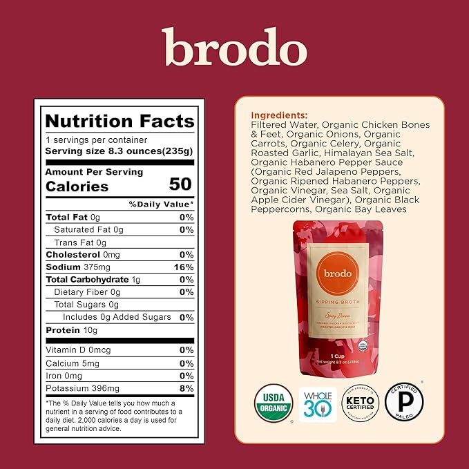 Brodo Bone Broth Bundle with Variety & Classic Packs, Chicken & Ginger, and Spicy Chicken Broths, 18 x 8.3 oz and 4 x 25 oz (30 Cups Total)