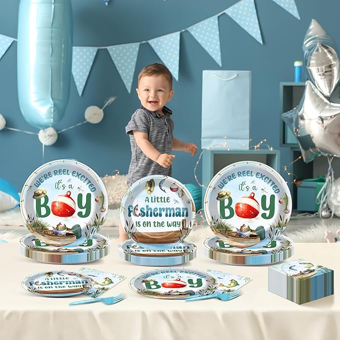 96Pcs A Little Fisherman Is On The Way Plates and Napkins Baby Shower Party Decorations Gone Fishing Dessert Disposable Plates It's A Boy Tableware Set for 24 Guests Baby Boy Birthday Party Supplies
