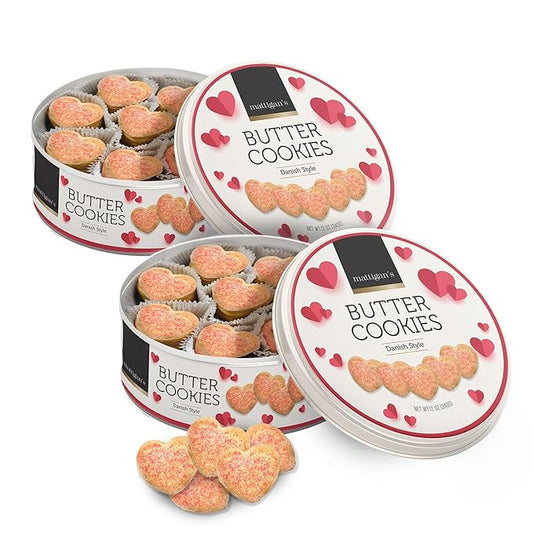 Mattigan's Pink Heart Butter Cookies Danish Style Cookie, 12 Oz Tin 2-Pack, Gourmet Gifts for Birthday, Special Occasions, Assorted Cookie Dessert Sweets, Two Reusable Metal Tin
