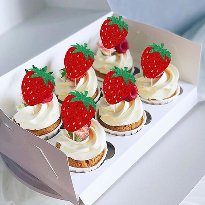 24 Pack Strawberry Cupcake Toppers Glitter Birthday Strawberry Cupcake Picks for Fruit Baby Shower Kids Birthday Summer Berry Cupcake Decorations Party Supplies Red