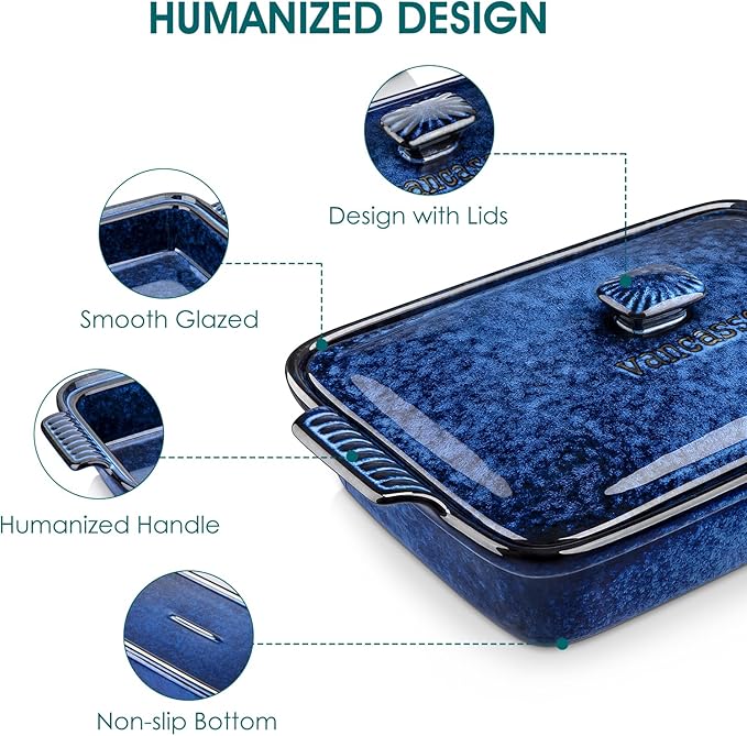 vancasso Starry 3.8 Quart Casserole Baking Dish, large lasagna pan with lid, 9x13 inch Stoneware casserole with lid, Microwave, Dishwasher Safe, Blue