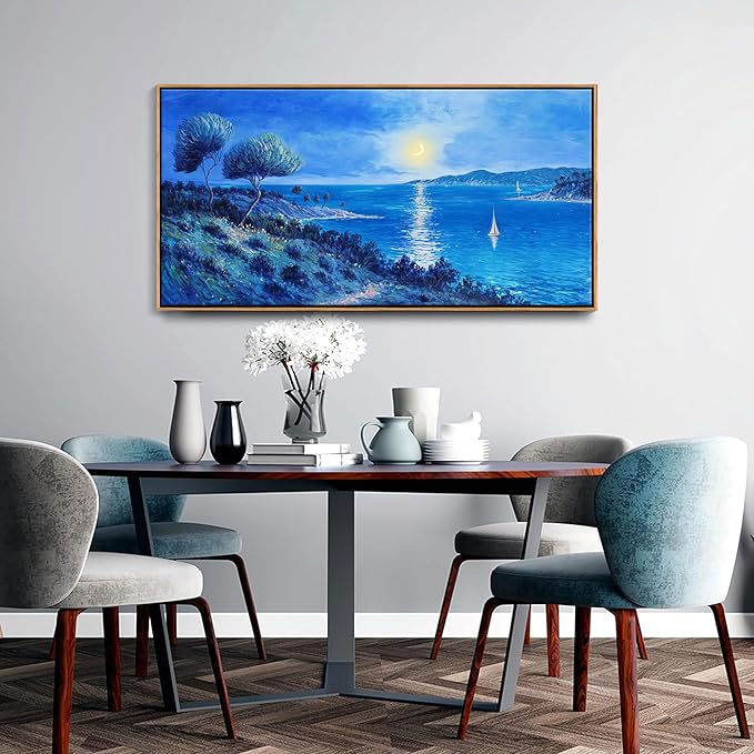 Large Painting Wall Art Blue watercolor Ocean Picture for Living Room Coastal Home Bedroom Decoration sailing boat Framed Artwork Decor 24횞48IN