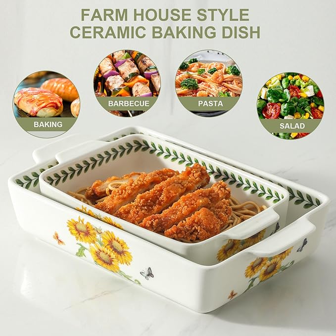 Ceramic Baking Casserole Dish with Handles, Large 8x13 inch & 6x10 inch Pan and Middle Baking Pan - Porcelain Serving Bakeware Set (Sunflower)