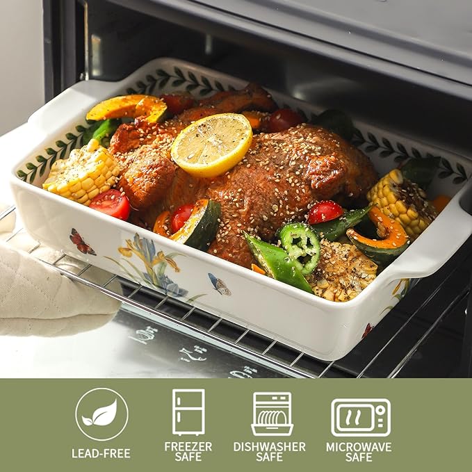 Ceramic Baking Casserole Dish with Handles, Large 8x13 inch & 6x10 inch Pan and Middle Baking Pan - Porcelain Serving Bakeware Set (Iris)