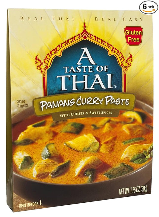 A Taste of Thai Panang Curry Paste - 1.75oz Pack of 6 Ready-to-Use Mix Flavored with Classic Thai Spices | Mild Curry Flavor Perfect for Veggies | Use for Stir-fry Grilling & More | Non-GMO