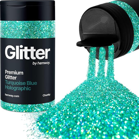 Hemway Premium Glitter Shaker - Turquoise Blue Holographic | Chunky Metallic Flake Sequins for Resin & Epoxy Crafts | Craft Supplies for Tumblers, Festival, Hair, Face, Body, Eye & Nail Art | 130 g