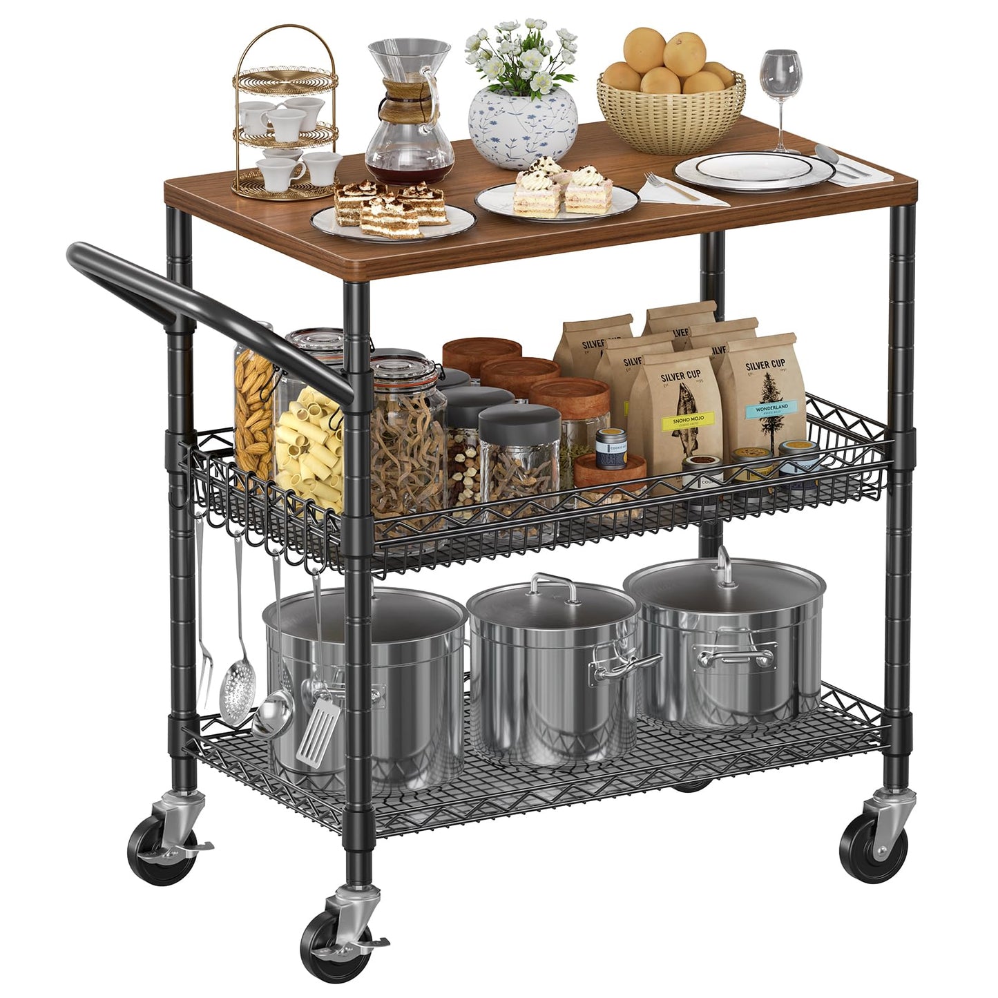 NTE Rolling Kitchen Carts on Wheels, 650Lbs Capacity 3 Tier Utility Cart with Wood Tabletop