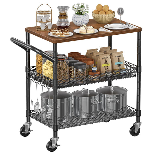 NTE Rolling Kitchen Carts on Wheels, 650Lbs Capacity 3 Tier Utility Cart with Wood Tabletop