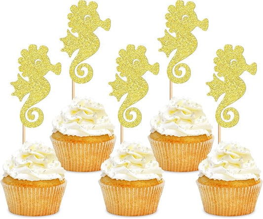 24 PCS Seahorse Cupcake Topper Ocean Themed Party Seahorse Cupcake Decorations Baby Shower Birthday Party Decorations