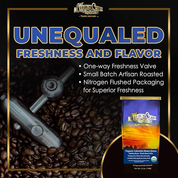 Mt. Whitney Colombia Monte Sierra Organic, Single Origin, Medium Dark Roast, Smooth Full Flavored, Low Acid Coffee (Whole Bean, 12 Oz)