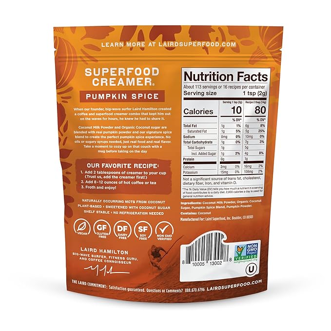 Laird Superfood Non-Dairy Original Superfood Pumpkin Spice with Real Pumpkin and Spices, Coconut Powder Coffee Creamer, Gluten Free, Non-GMO, Vegan, 8 oz. Bag, Pack of 1