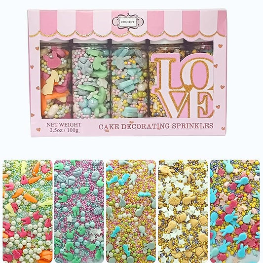 Confect Easter Sprinkles Edible | Assorted pack of 5 Parrot Green, Yellow, Pink, White and Silver Pearls & Stars I Cookies, Desserts & cupcake Decorating | Edible Sprinkles Mix for Baking & Cake
