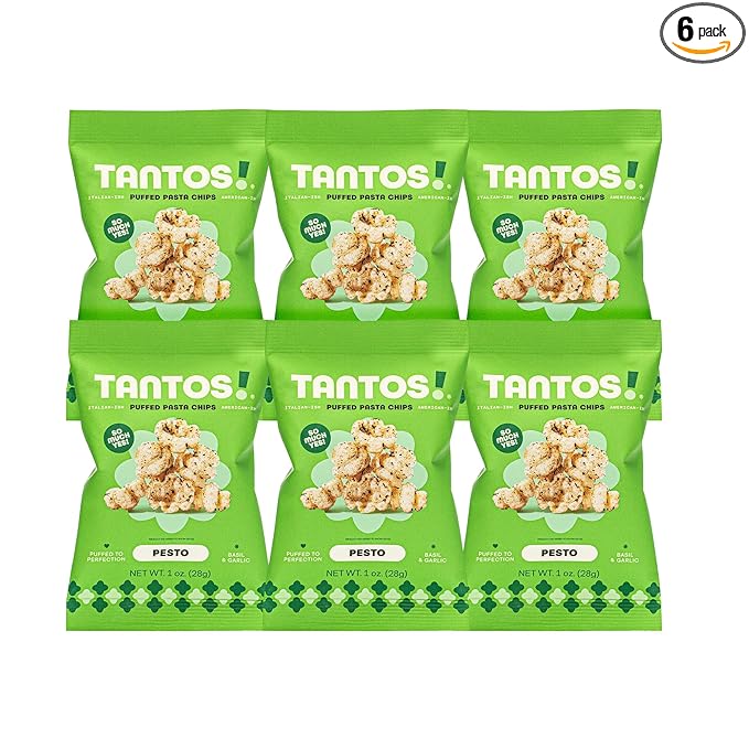 Tantos! Puffed Pasta Chips ??Healthy Pasta Snack by Top Chef Joe Sasto ??Plant-Based, Low Calorie, Crunchy Chips ??Variety Pack ??Marinara, Pesto, Cacio e Pepe, Classico ??Gourmet Bold Flavors (1 oz 6 Pack, Pesto)