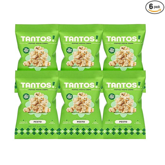 Tantos! Puffed Pasta Chips ??Healthy Pasta Snack by Top Chef Joe Sasto ??Plant-Based, Low Calorie, Crunchy Chips ??Variety Pack ??Marinara, Pesto, Cacio e Pepe, Classico ??Gourmet Bold Flavors (1 oz 6 Pack, Pesto)