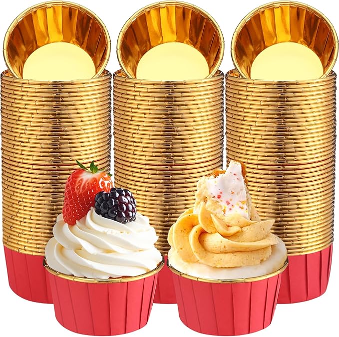 300 Pack Red Gold Cupcake Cups Bulk Disposable Foil Muffin Liners 3.5 oz Wrappers for Baking Aluminum Paper Mini Metallic Disposable Holiday Party Wedding Festival Supply