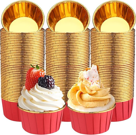 300 Pack Red Gold Cupcake Cups Bulk Disposable Foil Muffin Liners 3.5 oz Wrappers for Baking Aluminum Paper Mini Metallic Disposable Holiday Party Wedding Festival Supply