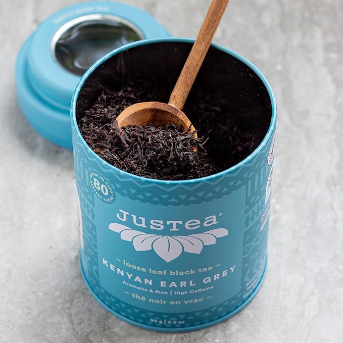JusTea KENYAN EARL GREY | Loose Leaf Black Tea | Tin with Hand Carved Tea Spoon | 40+ Cups (3.2oz) | High Caffeine | Award-Winning | Fair Trade | Non-GMO