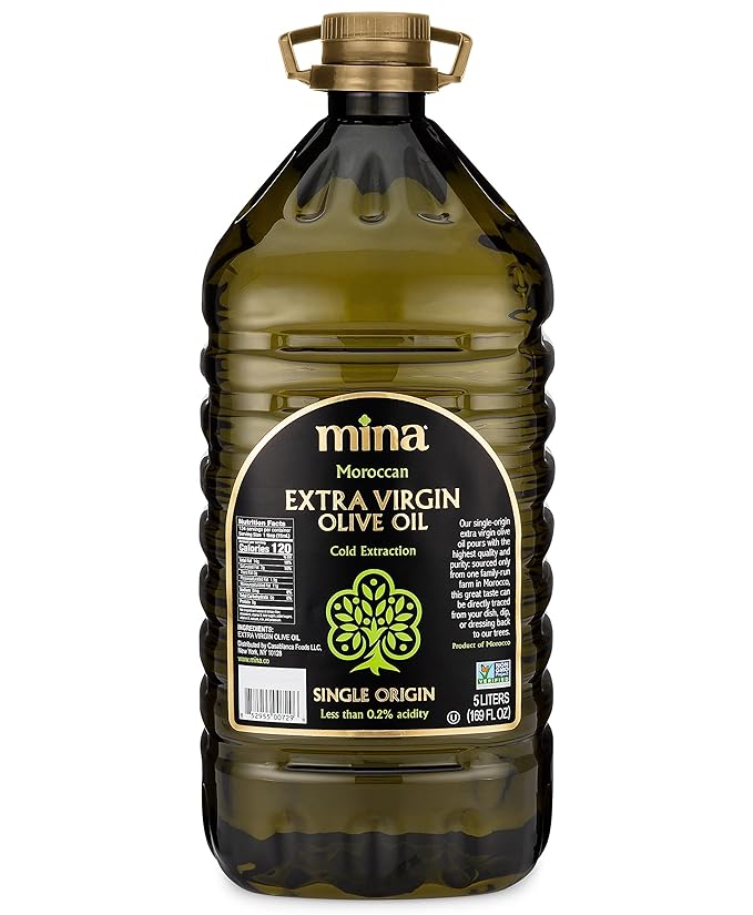 Mina Olive Oil Extra Virgin 169 Fl Oz, New Harvest, Polyphenol Rich Olive Oil for Cooking, Moroccan EVOO, Single Origin, Cold Extraction, Less than 0.2% Acidity, 5 L