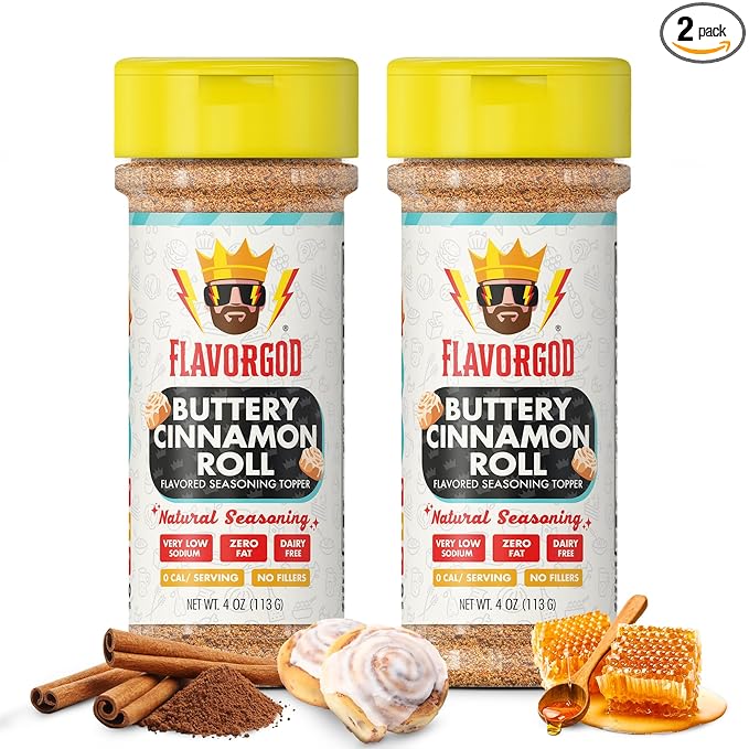 Flavor God 2 Bottles Buttery Cinnamon Roll Seasoning Topper Mix, Natural Healthy Blend, Bread, Pudding, Coffee Sprinkles, Oatmeal, Sandwiches & Ice Cream, Low Sodium, Kosher, Gluten Dairy Free