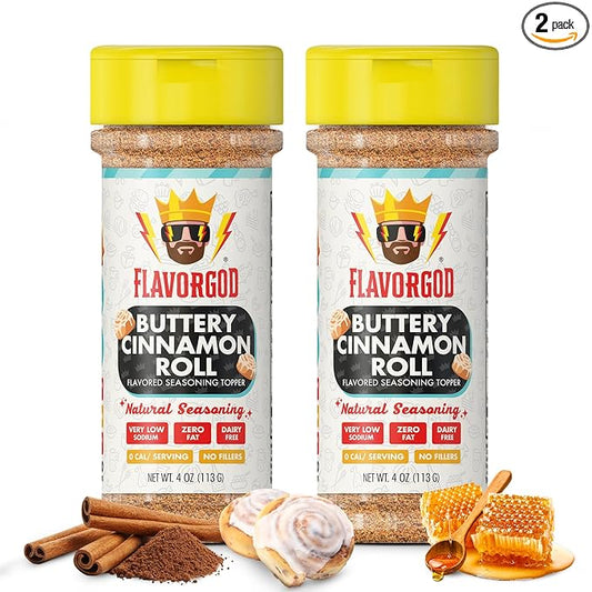 Flavor God 2 Bottles Buttery Cinnamon Roll Seasoning Topper Mix, Natural Healthy Blend, Bread, Pudding, Coffee Sprinkles, Oatmeal, Sandwiches & Ice Cream, Low Sodium, Kosher, Gluten Dairy Free
